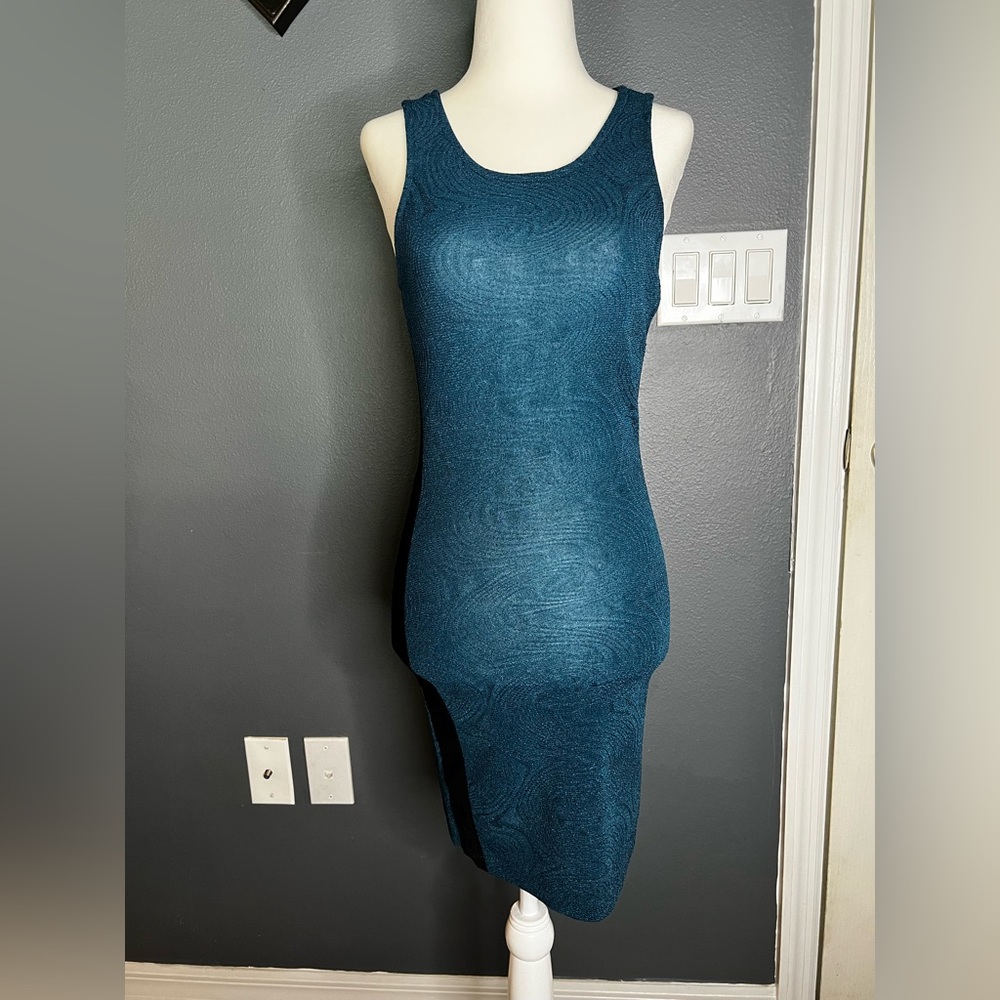 SYMPHONY | TEAL MINI DRESS WITH BLACK MESH SIDE CUT OUT